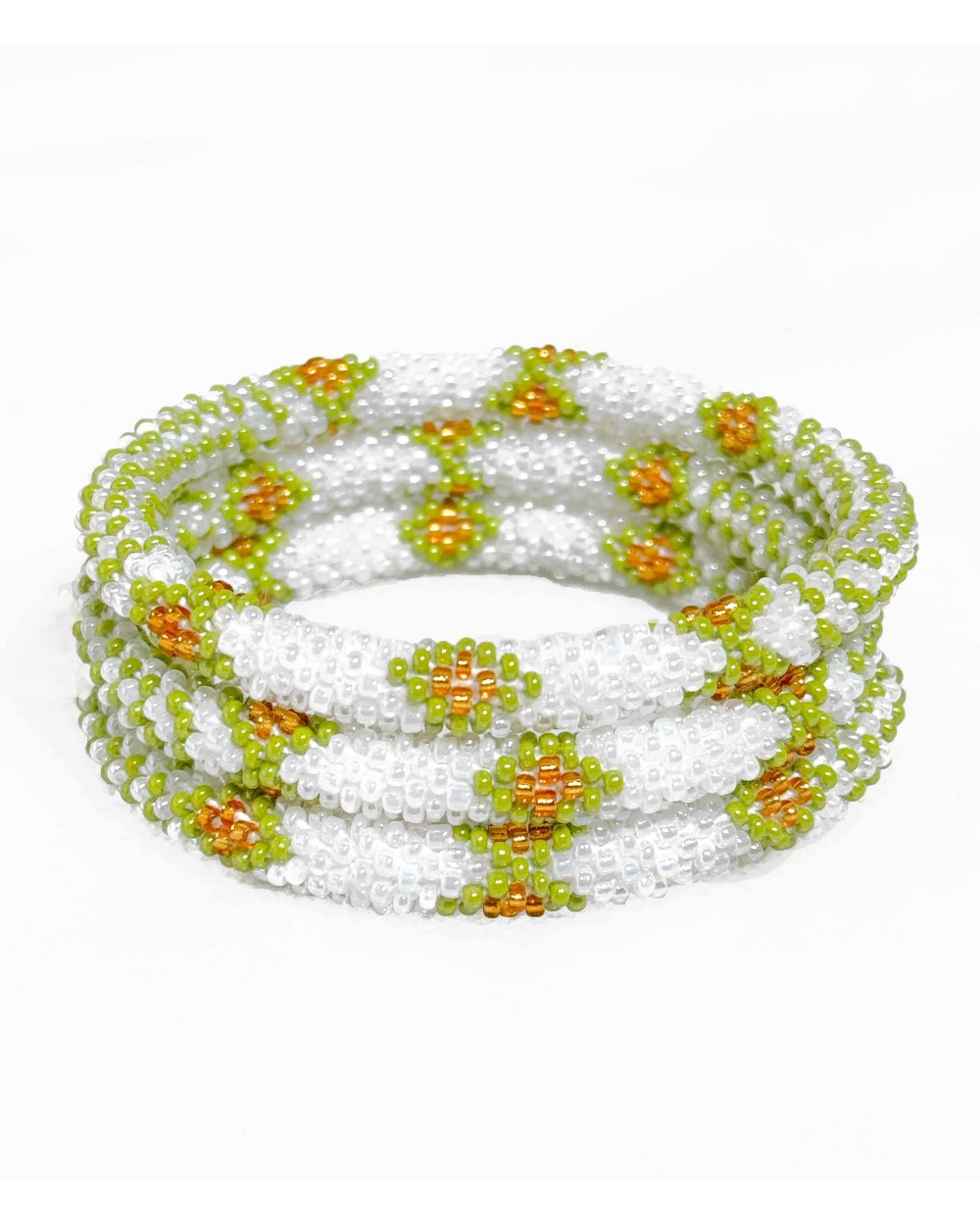 Bracelet népalais - blanc - vert - doré - losange - point- tissé à la main