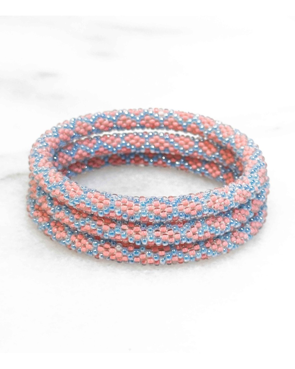 Bracelet népalais - rose - bleu -motif - tissé à la main