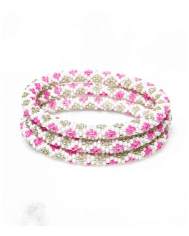 Bracelet népalais - blanc - rose -doré - points - fleurs - argenté - tissé à la main