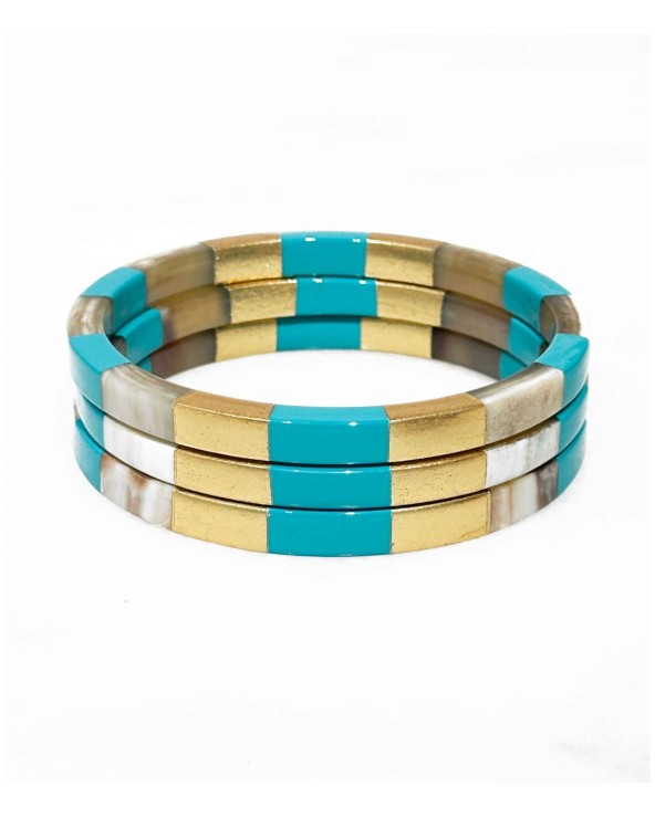 Bracelet - corne - bords carrés - damier - doré - bleu turquoise