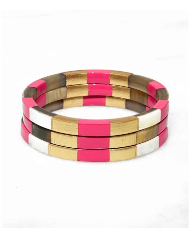 Bracelet - corne - bords carrés - damier - doré - rose fuchsia