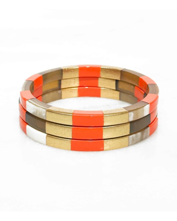 Bracelet - corne - bords carrés - damier - doré - orange