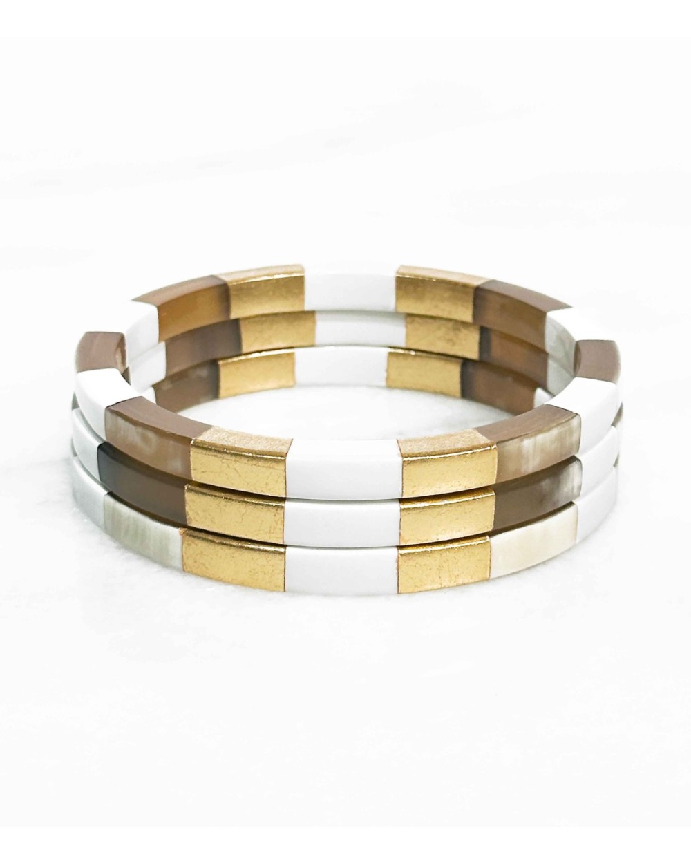 Bracelet - corne - bords carrés - damier - doré - blanc