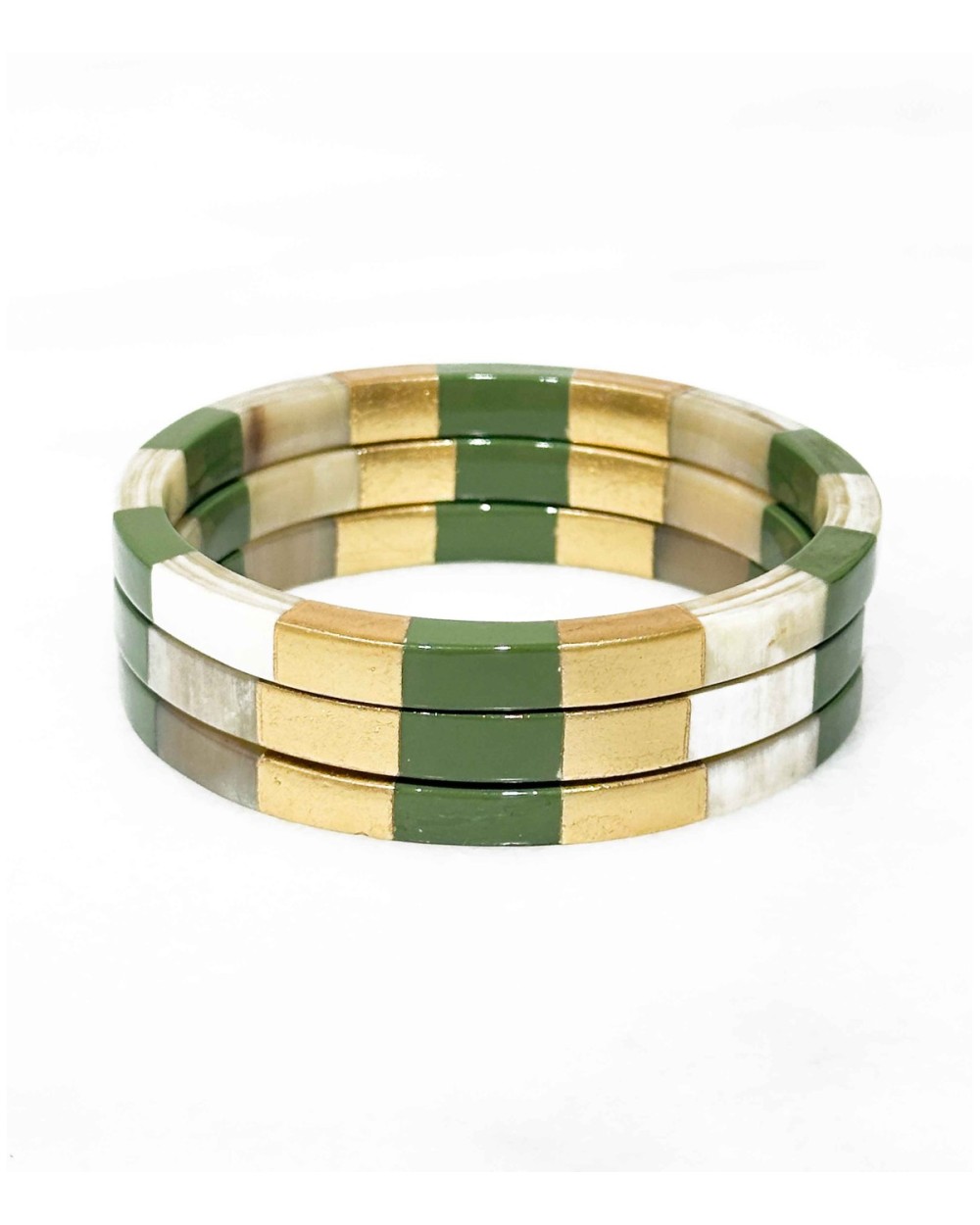 Bracelet - corne - bords carrés - damier - doré - vert kaki