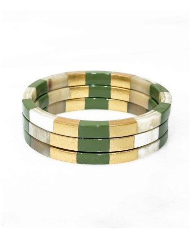 Bracelet - corne - bords carrés - damier - doré - vert kaki