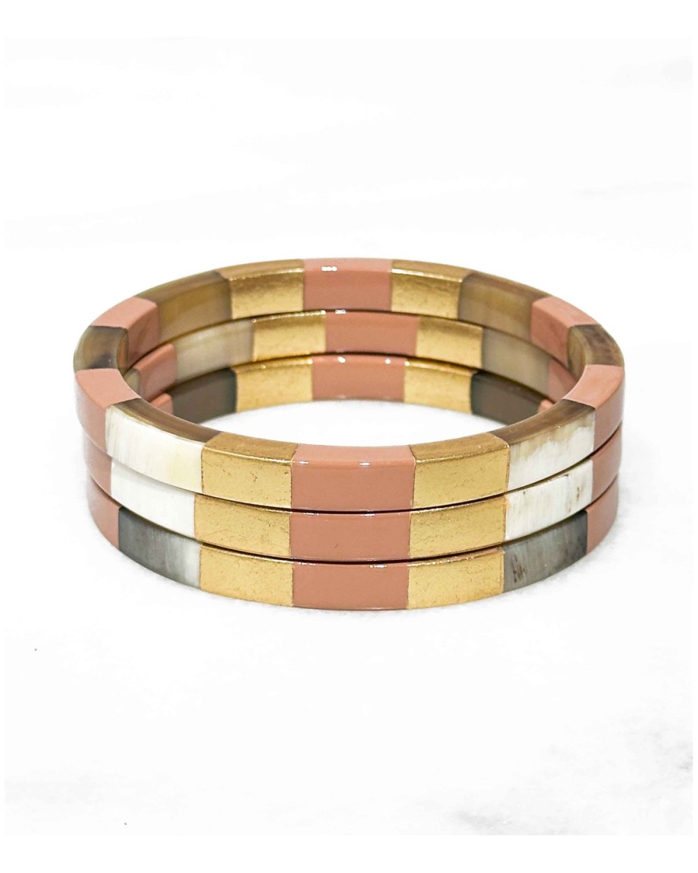 Bracelet - corne - bords carrés - damier - doré - beige rosé