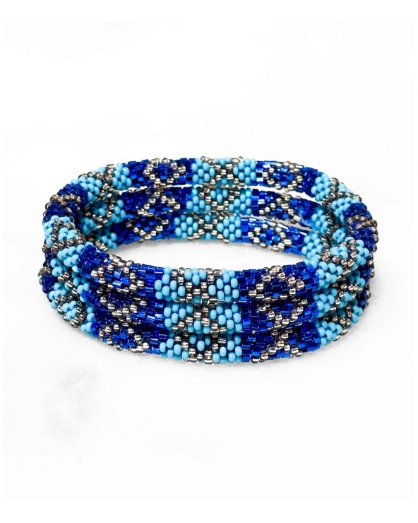 Bracelet népalais - duo - bleus - losange - argenté - tissé à la main