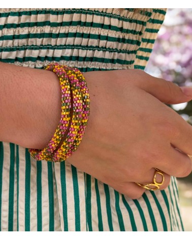 Bracelet népalais - jaune - rose - vert - tissé à la main