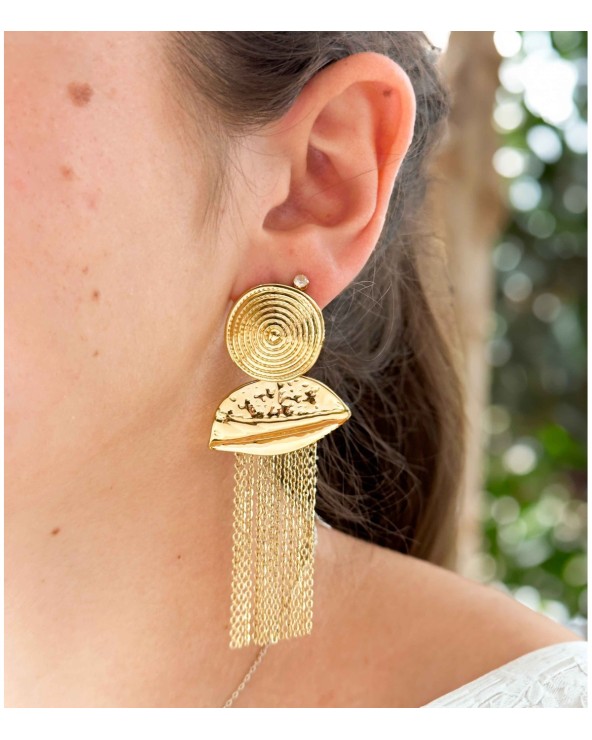 Boucles d"oreilles - spirale  - feuille martelée - chaînettes - acier inoxydable - doré - pendantes - paloma bijoux