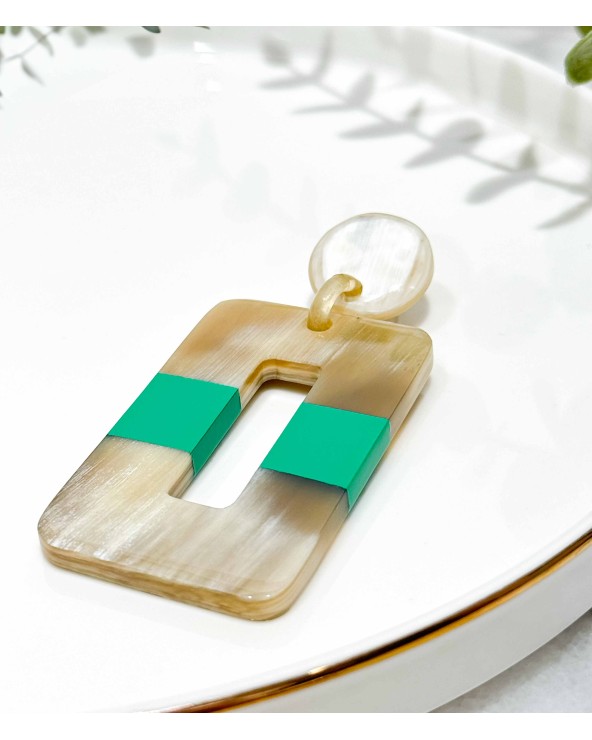 Boucles d'oreilles - corne naturelle - authentique - rectangle - pendante - couleur - vert