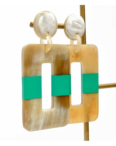 Boucles d'oreilles - corne naturelle - authentique - rectangle - pendante - couleur - vert