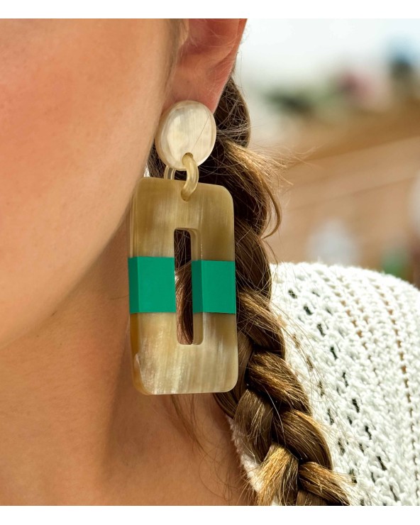 Boucles d'oreilles - corne naturelle - authentique - rectangle - pendante - couleur - vert