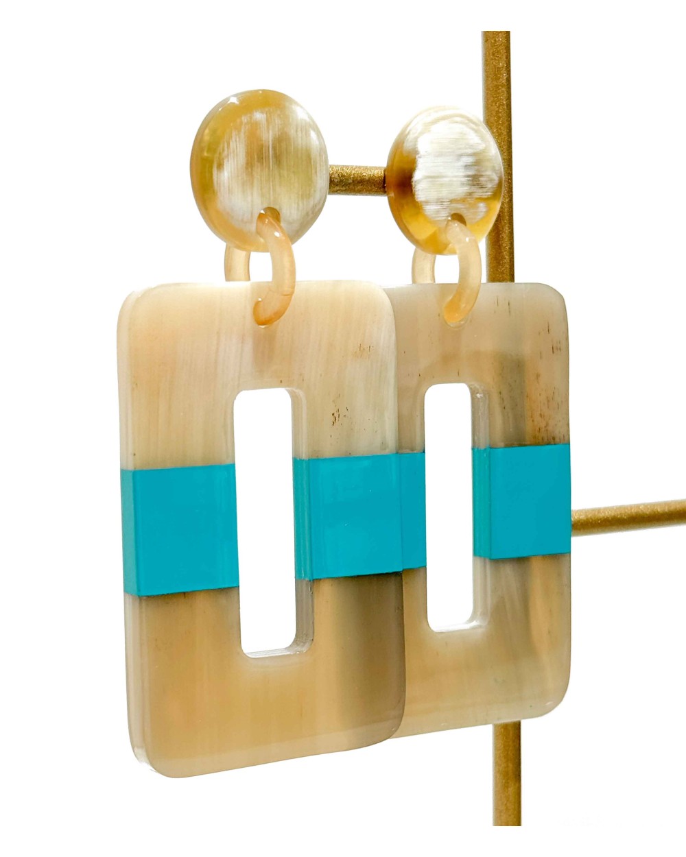 Boucles d'oreilles - corne naturelle - authentique - rectangle - pendante - couleur - bleu