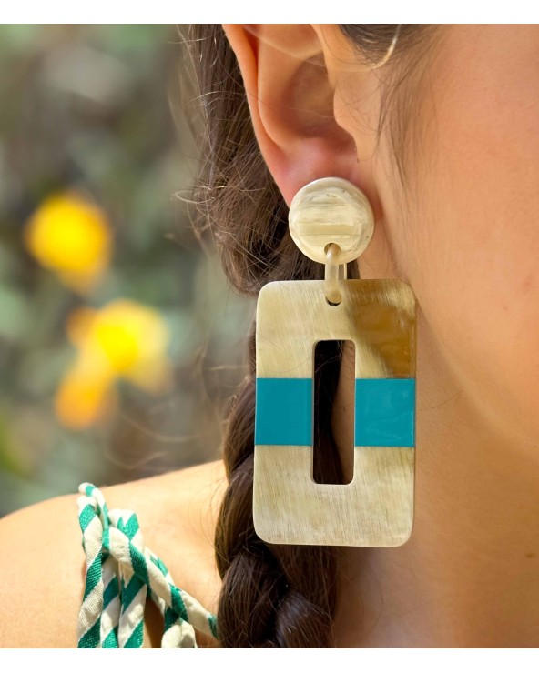 Boucles d'oreilles - corne naturelle - authentique - rectangle - pendante - couleur - bleu