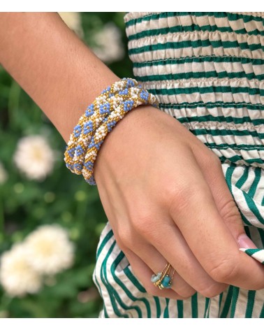 Bracelet népalais - doré - blanc - bleu - tissé à la main