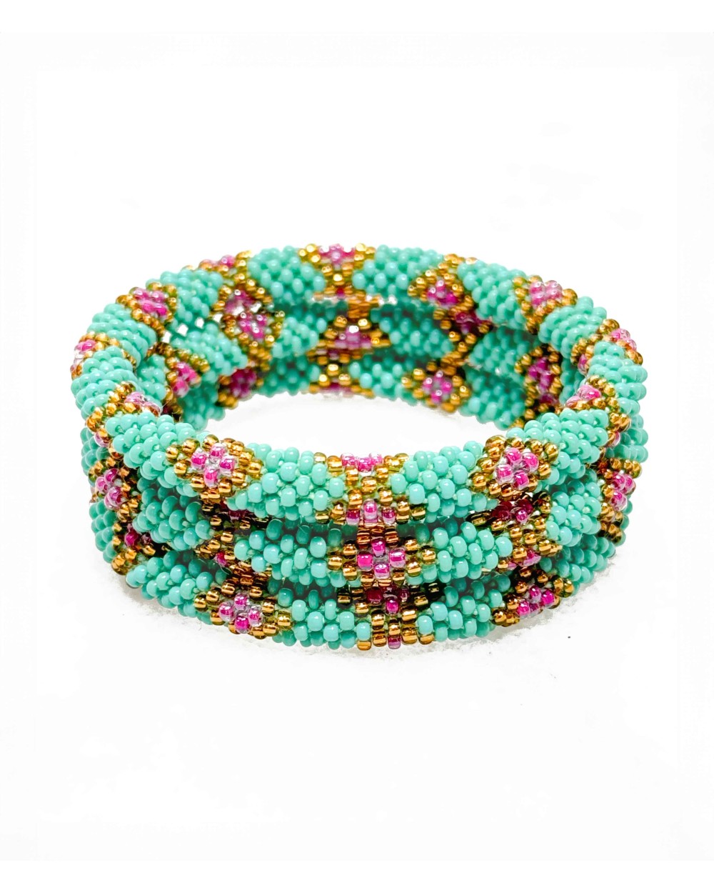 Bracelet népalais - turquoise - doré - rose - losange - tissé à la main