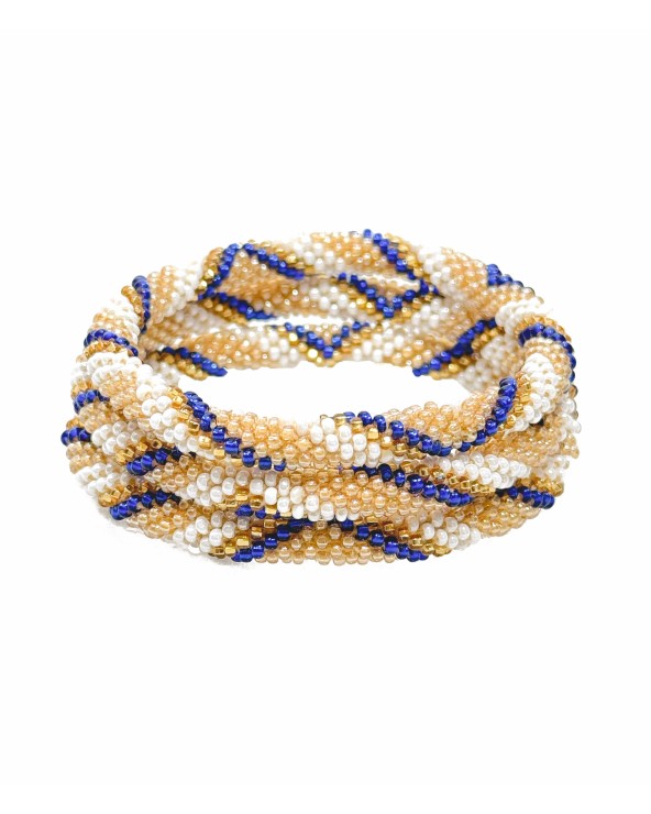 Bracelet népalais - beige - crème - blanc  - trait bleu foncé - bleu roi - tissé à la main