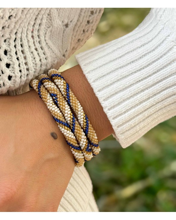 Bracelet népalais - beige - crème - blanc  - trait bleu foncé - bleu roi - tissé à la main