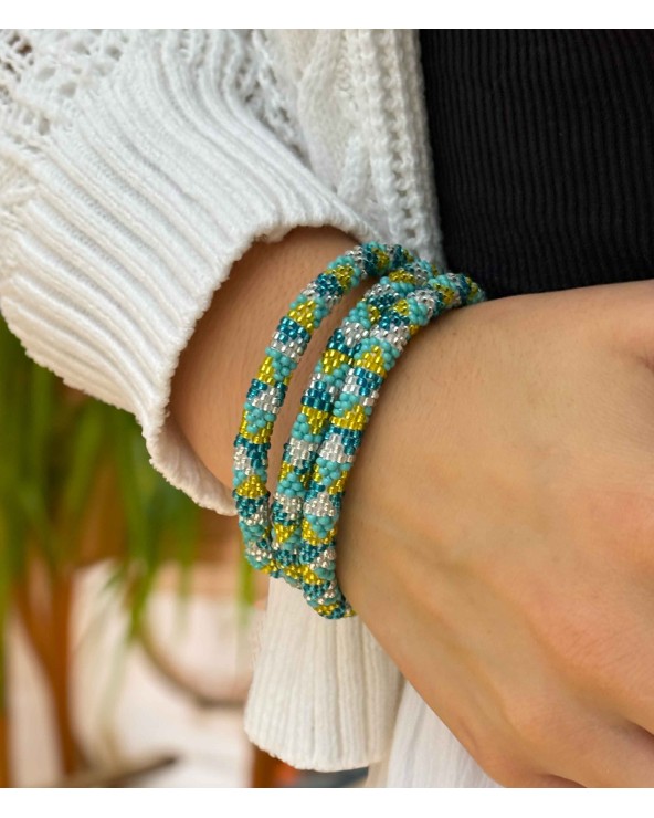 Bracelet népalais - bleu - vert anis - blanc - tissé à la main