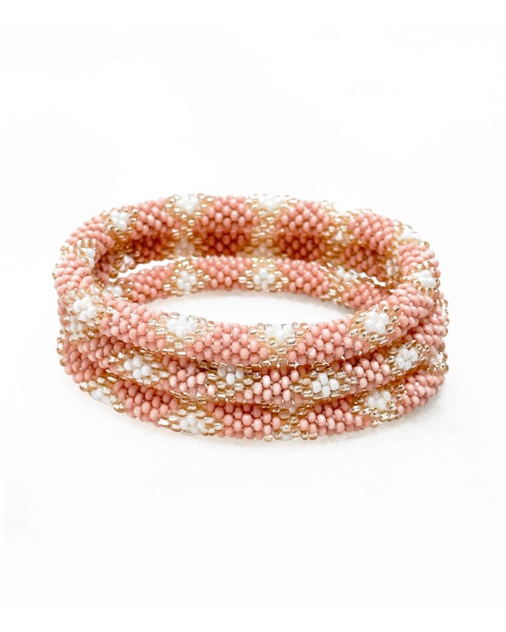 Bracelet népalais - rose poudré - argenté  - blanc - pastel - tissé à la main