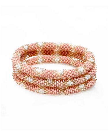 Bracelet népalais - rose poudré - argenté  - blanc - pastel - tissé à la main