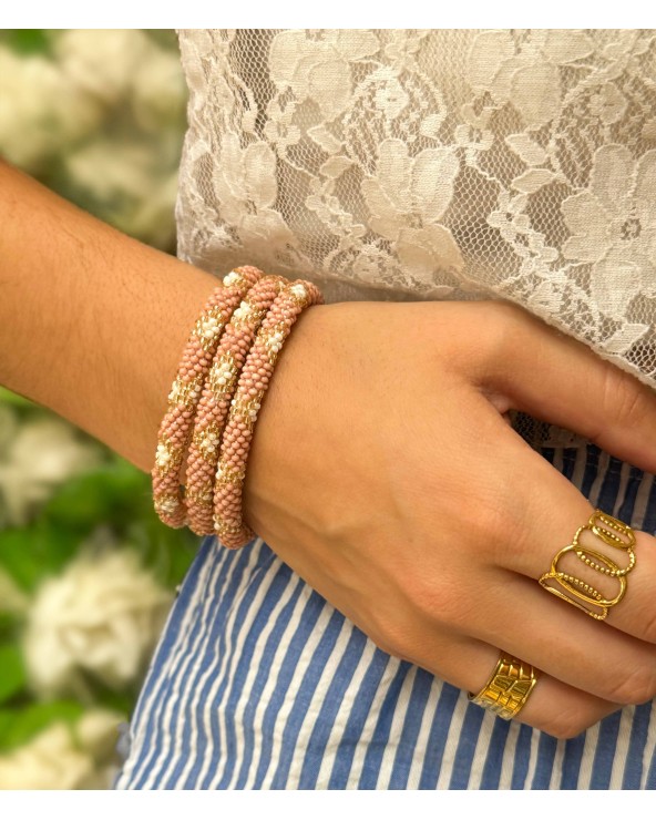 Bracelet népalais - rose poudré - argenté  - blanc - pastel - tissé à la main