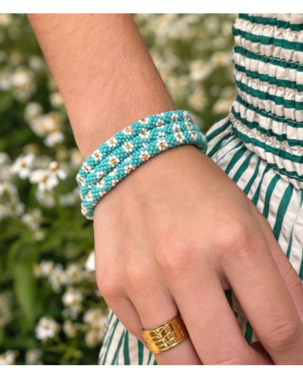 Bracelet népalais - bleu turquoise - fleurs  - blanc - doré - coloré - perles - tissé à la main