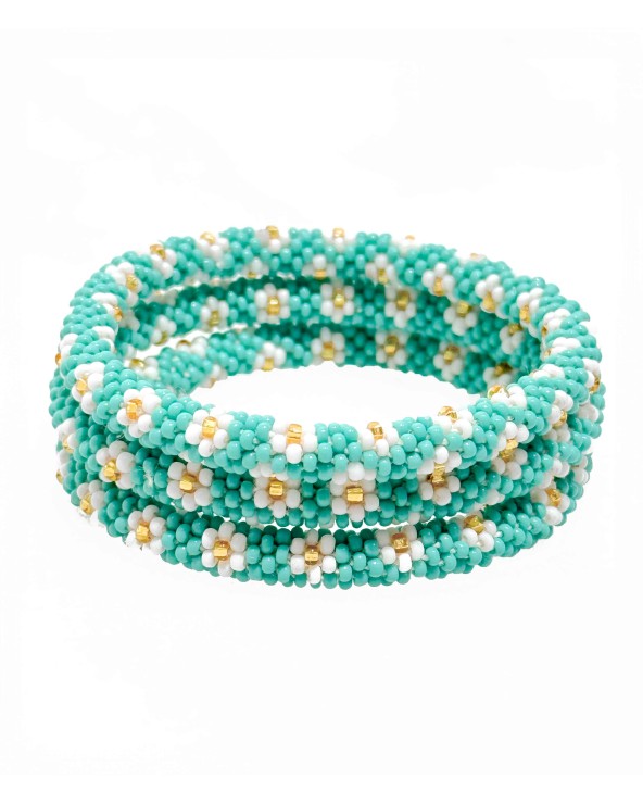 Bracelet népalais - bleu turquoise - fleurs  - blanc - doré - coloré - perles - tissé à la main