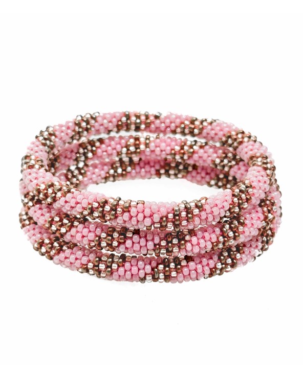 Bracelet népalais - marron - rose  - blanc - torsades - coloré - perles - tissé à la main