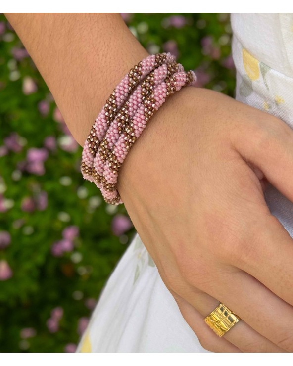 Bracelet népalais - marron - rose  - blanc - torsades - coloré - perles - tissé à la main