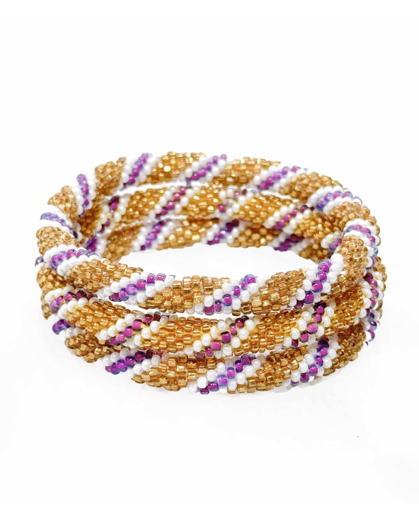 Bracelet népalais - torsadé - doré  - blanc - violet - coloré - perles - tissé à la main - perles
