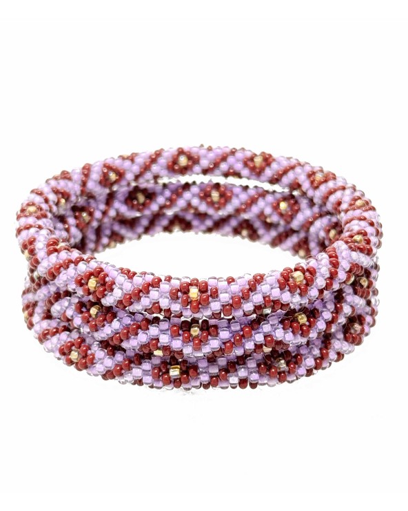 Bracelet népalais - duo de violets - bordeaux - doré  - losanges - coloré - perles - tissé à la main - perles