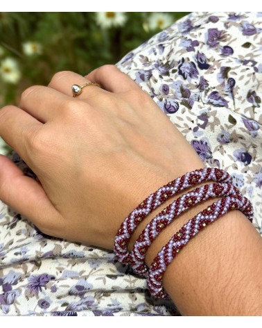 Bracelet népalais - duo de violets - bordeaux - doré  - losanges - coloré - perles - tissé à la main - perles