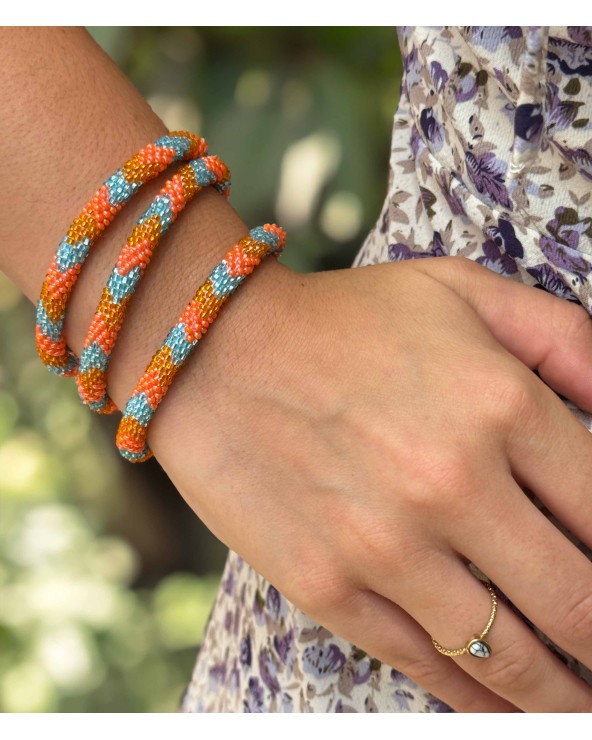 Bracelet népalais - corail - orange - bleu - coloré - perles - tissé à la main - perles