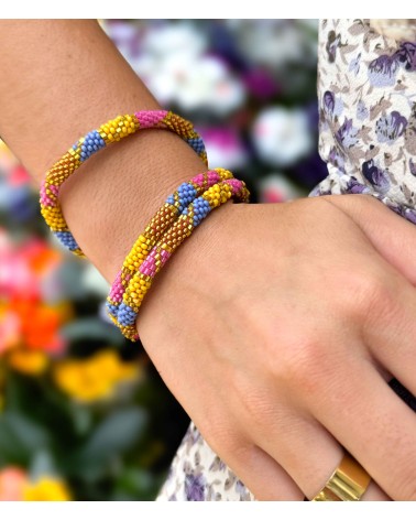 Bracelet népalais - jaune - rose - bleu - doré - coloré - perles - tissé à la main - perles