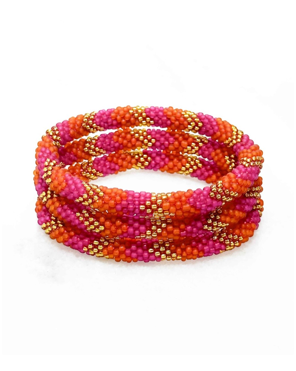 Bracelet népalais - rose - orange - doré - coloré - perles - tissé à la main - perles