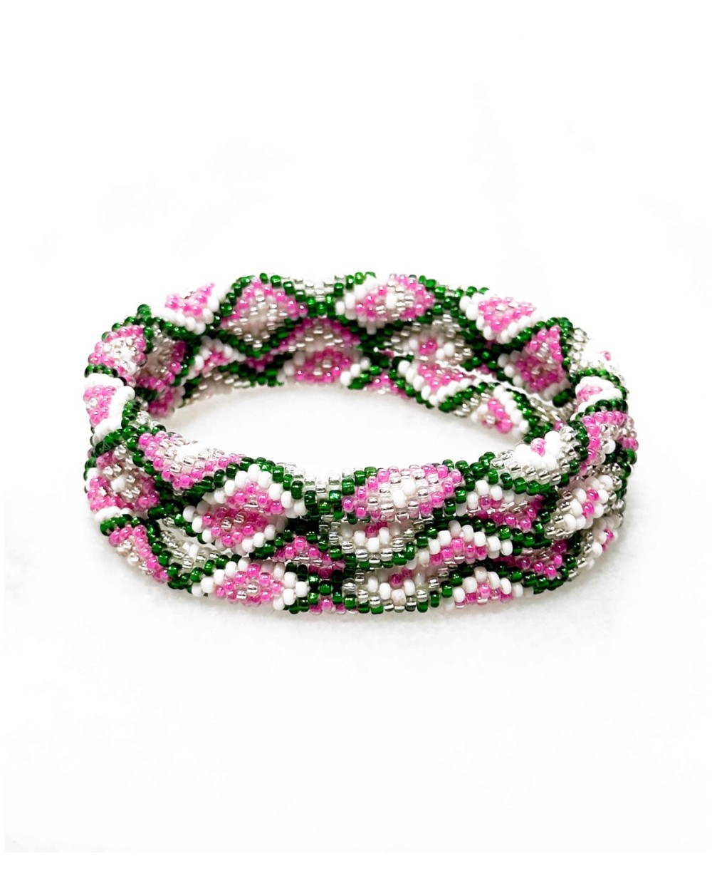 Bracelet népalais - blanc - rose - vert sapin - coloré - perles - tissé à la main - perles