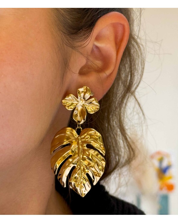 Boucles d"oreilles - imposantes  - grosses - acier inoxydable - doré - feuille - fleur - paloma bijoux