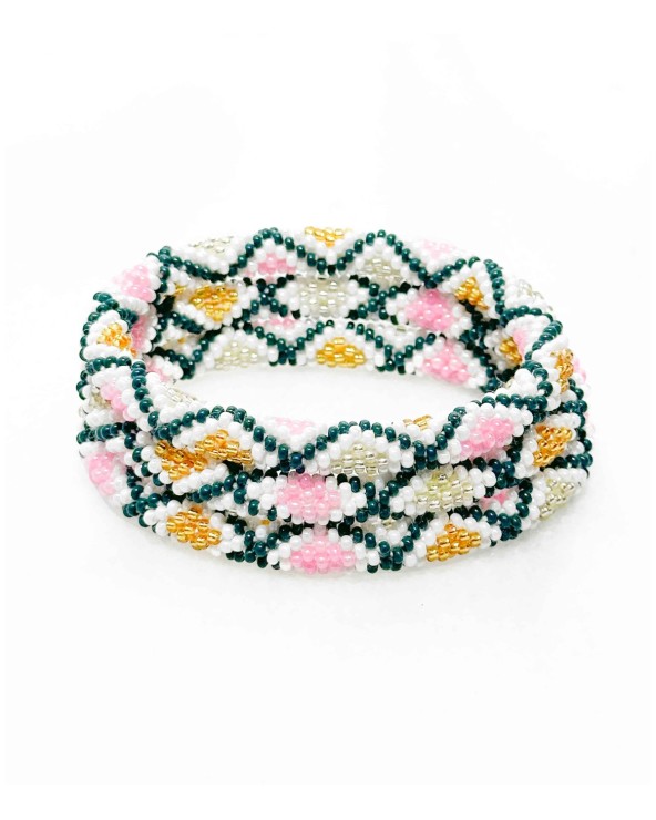 Bracelet népalais - vert foncé - rose clair  - blanc - coloré - perles - tissé à la main - hiver - doré - losanges