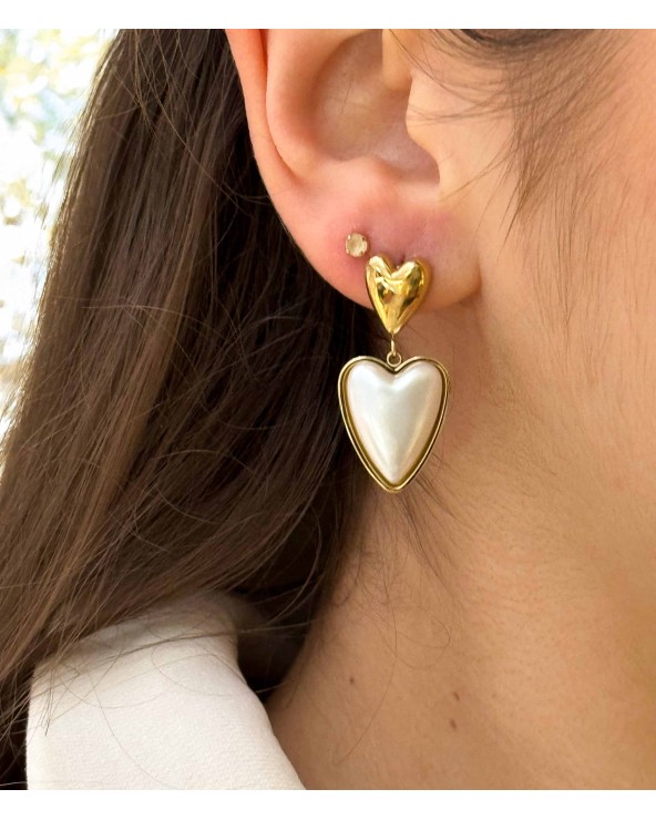 Boucles d"oreilles - coeur  - saint Valentin - acier inoxydable - doré - perle  - paloma bijoux