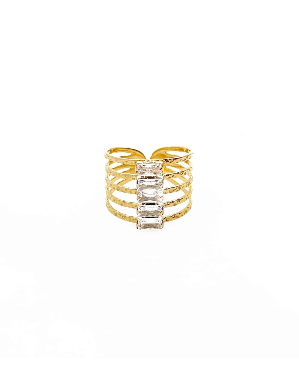 Bague symétrique - strass - rectangles - multirangs - acier inoxydable - doré