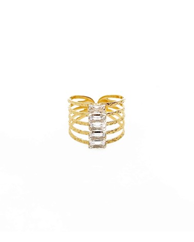 Bague symétrique - strass - rectangles - multirangs - acier inoxydable - doré